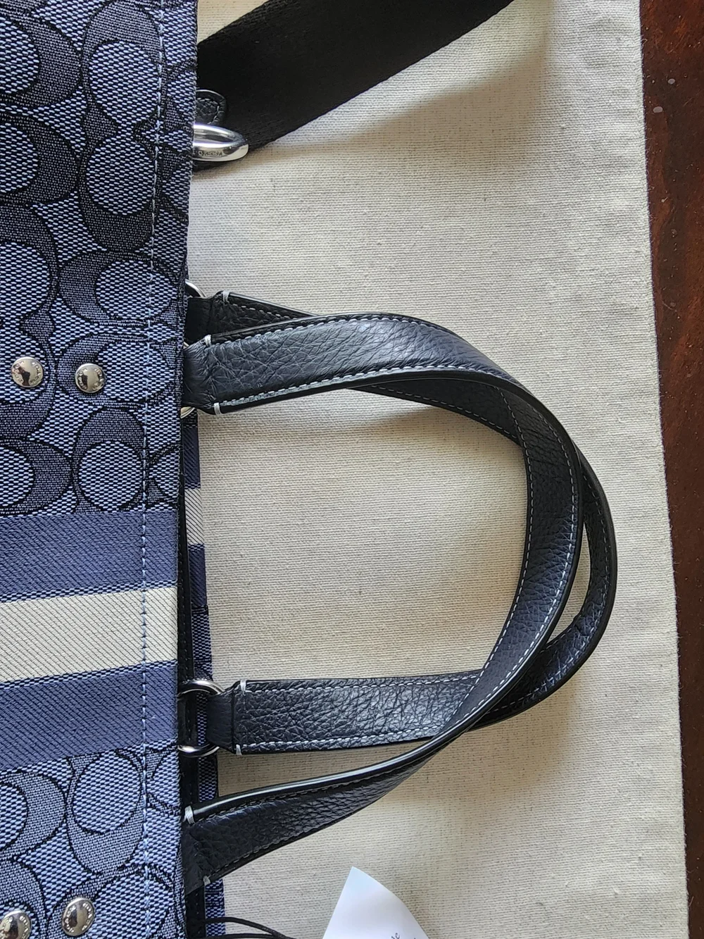 NWT Coach Dempsey Tote 40 In Navy Signature Denim with Stripe and Leather Trim